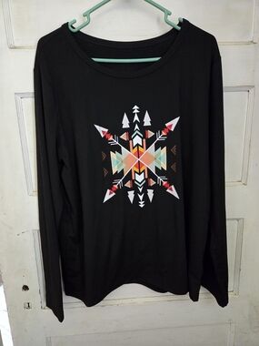 Black Long Sleeve Tee with Colorful Geometric Star Graphic
